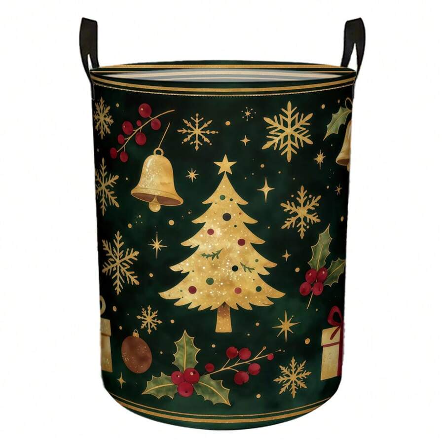 1PC Dark Green Golden Christmas Tree Print Storage Bucket With Handles, Large Capacity Fabric Storage Basket - Gold and Green - View 1