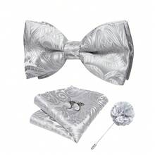 Silver Paisley Pattern Pre-Tied Bow Tie 4-Piece Set With Pocket Square, Cufflinks And Lapel Pin, Formal Event Outfit - Silver - View 9