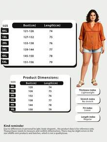Plus Size Women Casual Turndown Collar Roll-Up Sleeve Button Front Shirt Blouse - Orange - View 6