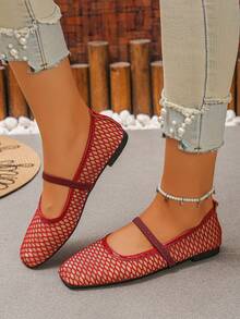 XfxfLadies' Mesh Flat Sole Shoes With Hollow Elastic Band Design, Breathable And Comfortable, Suitable For Travel/Casual Daily/Commuting Wear. - Red - View 6