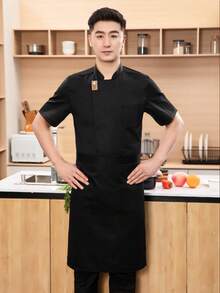 New Unisex Short Sleeve Smiling Face Small Stand Collar Chef Uniform - Black - View 3