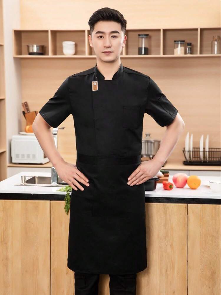 新款中性短袖微笑臉小立領廚師制服 - 黑色 - 查看 3