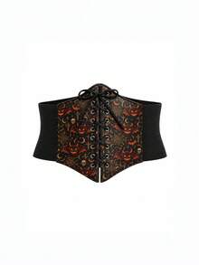 1pc Halloween Devil Pumpkin Skull Random Pattern Print Elastic Waistband For Women, Sweet & Cool Fun Style Slimming Waist Belt, Party Decoration Accessory - Black Pumpkin Skull - View 9