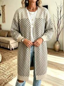 Plus Size Elegant Casual Small Polka Dot Open Front Long Knit Cardigan, Lantern Sleeve Loose Sweater Jacket, Suitable For Autumn - Khaki - View 3