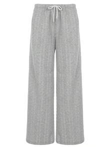 Casual Cable Knit Wide Leg Pants Women Drawstring Low Waist Lounge Trousers Preppy Y2K Fall Winter - Light Grey - View 8