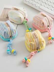 1pc Lipstick Shaped Coin Purse, Plaid Cute Portable Soft Fabric Case Compatible With Apple Wireless Bluetooth Earbuds Storage - Multicolor - View 2