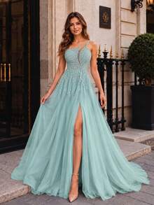 VIPGIRL One Shoulder Strapless Beaded Long Evening Gown For Women - Blue - View 4