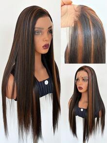 13*4 Front Lace Brown Highlighted Long Straight Hair, Synthetic Heat-Resistant Fiber Front Lace Wig, Soft Pre-Plucked Natural Hairline, Transparent Lace, Suitable For Daily, Halloween And Christmas Wear - Multicolor - View 12