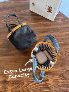 1pc New Denim Small Makeup Bag Tote Bag Portable Pink Handle Lipstick Mini Bluetooth Earphone Storage Bag Portable Small Coin Purse DIY Bucket Bag Hanging - Multicolor - View 1