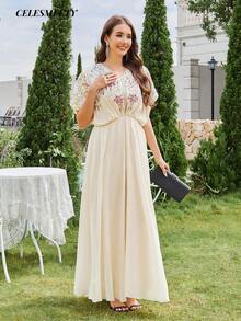 Women's Elegant Luxury One Size Computer Embroidered Sequin Beaded Ball Gown, Chiffon Batwing Sleeve, Pleated Hem - Champagne - View 5