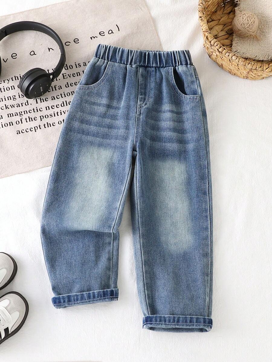 Boys' Elastic Waist Loose Fit Denim Jeans, All-Season Versatile Street Style Casual Long Pants - Black - View 1