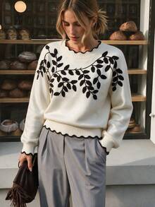 Women's Vintage Pullover Sweater, Black Leaf Embroidery With Fan-Shaped Trim, Long Sleeve Regular Fit, Suitable For Autumn/Winter Wear - Apricot - View 5