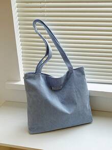 Corduroy Solid Color Shoulder Tote Bag, Minimalist Casual Storage Bag With Solid Color Patch - Blue - View 3