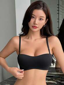 DAZY 1件女款舒適休閒無鋼圈性感柔軟輕盈半罩杯純色Bralette胸罩，可調節肩帶 - 黑色 - 查看 4