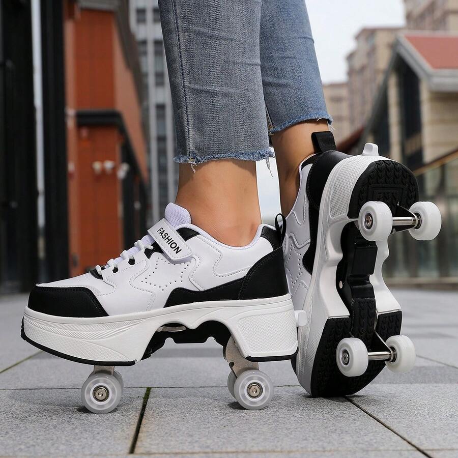 1 Pair Unisex Youth Student Roller Skates, 4-Wheel Retractable Hidden Wheels, Transformable Lace-Up Brake, Walkable & Skatable Ice Skates, Sports Shoes With Wheels, Gift