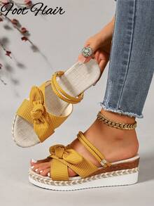 Foot Flair 女款黃色楔形厚底露趾涼鞋，波希米亞風，百搭大尺碼，適合夏季海灘度假 - 黃色 - 查看 3
