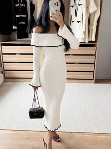 Knitwear Dress; Fish Tail Style Bodycon With Color Block Details And Off Shoulder Design - White - View 4