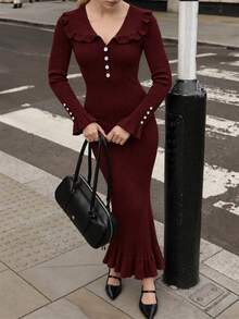 Sweater Dress; Elegant Ruffle Hem Mermaid Hem Sweater Dress, Autumn/Winter - Burgundy - View 2