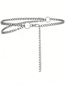 1pc Women's Silver Gothic Style Multi-Layer Metal Tassel Waist Chain, With Round Ring Decoration Adjustable Chain, Punk Music Festival Party Outfit Accessory - Silver - View 1