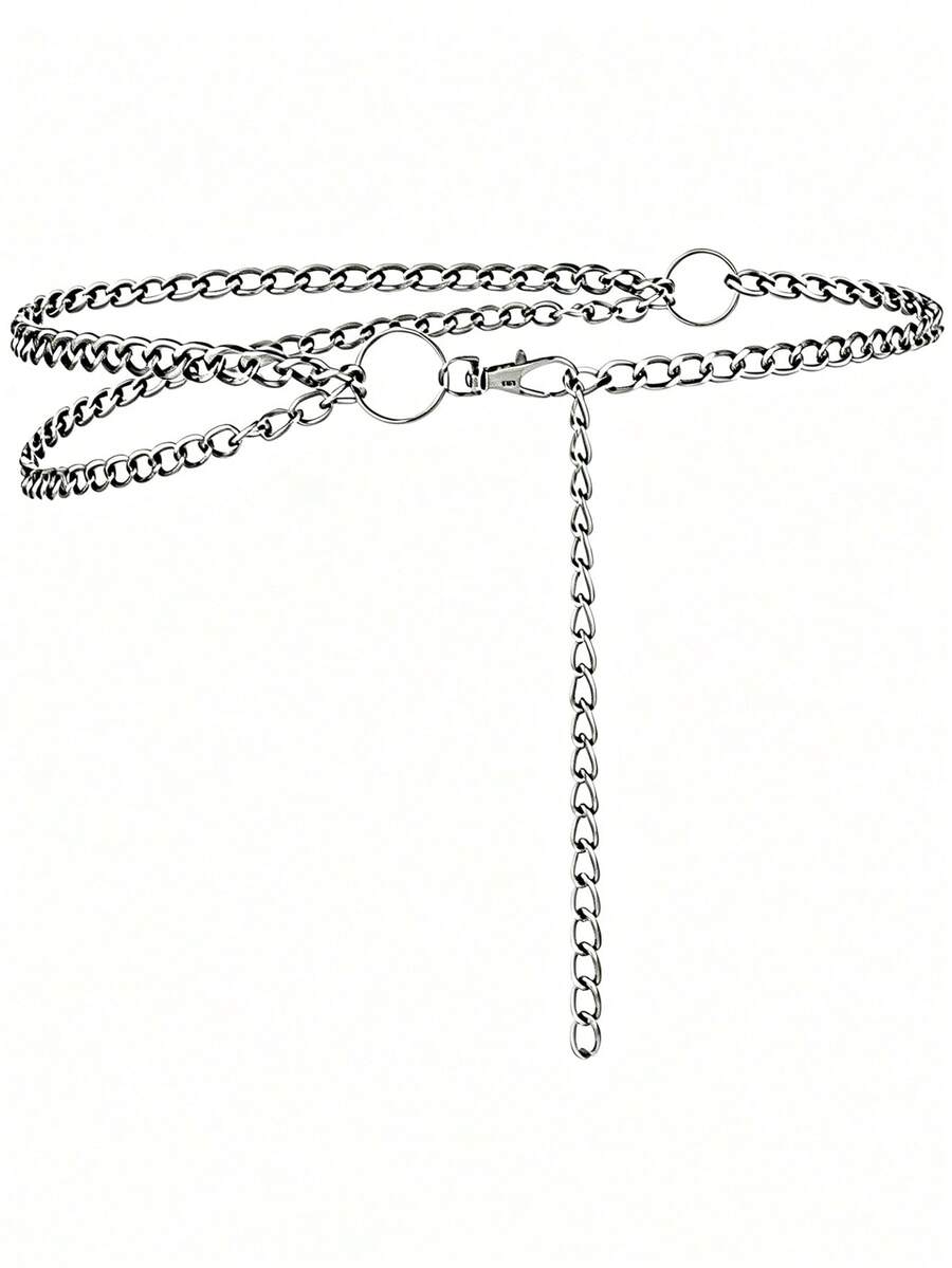 1pc Women's Silver Gothic Style Multi-Layer Metal Tassel Waist Chain, With Round Ring Decoration Adjustable Chain, Punk Music Festival Party Outfit Accessory - Silver - View 1