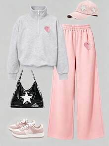 2pcs/Set Setelan Anak Perempuan: Hoodie Setengah Resleting dan Celana, Pakaian Nyaman Modis untuk Musim Gugur/Dingin - MultiWarna - View 3