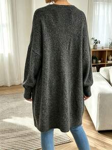Plus Size Casual Fashion Versatile V-Neck Button Pocket Long Sleeve Knit Long Cardigan - Dark Grey - View 9