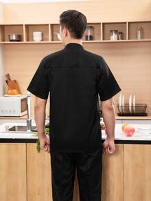 New Unisex Short Sleeve Smiling Face Small Stand Collar Chef Uniform - Black - View 4