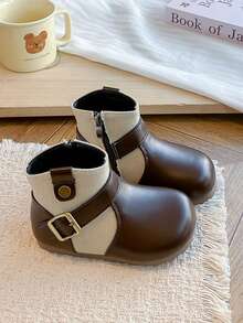Girls' Vintage Colorblock Canvas Ankle Boots, Metal Buckle Round Toe Side Zipper Ankle Boots, British Retro Style Autumn Student Shoes - Brown - View 6