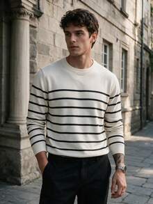 Men's Striped Crew Neck Long Sleeve Knit Base Layer, Casual Slim Fit Suitable For Daily Wear And Layering - White - View 1
