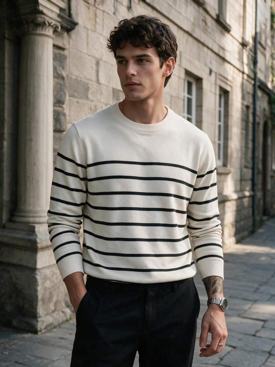 Men's Striped Crew Neck Long Sleeve Knit Base Layer, Casual Slim Fit Suitable For Daily Wear And Layering - White - View 1