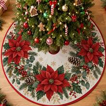 1pc Christmas Wreath Pattern Christmas Tree Skirt, Elegant Color Holiday Decoration, 5 Sizes, Unisex Holiday Gift, Suitable For Home And Party Christmas Decor - Christmas Wreath 4 - View 7