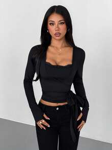 VENORA Women's Long-Sleeve 2-In-1 Top Featuring A Lace-Trimmed, Lace-Up, Strapless-Style Bodice. Suitable For Yoga And Everyday Wear. - Black - View 5