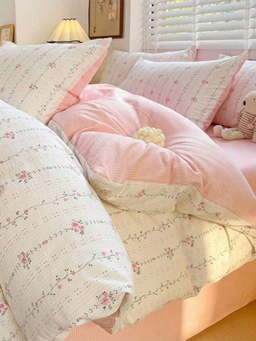 3件組 100%聚酯纖維田園清新女孩風粉色碎花羽絨被套組 2個枕套 + 1個被套組合（不含床單）臥室四季通用