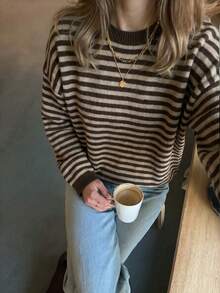 MORI Autumn/Winter Chocolate Striped Knit Crew Neck Long Sleeve Loose Fit Pullover Sweater For Women, Suitable For Coffee Dates And Travel - Coffee - View 4