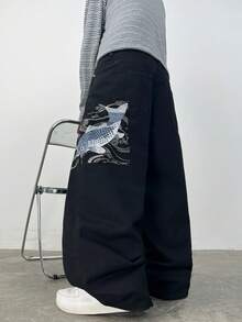 Justice Brother 1pc Korean Style Embroidered Men's Loose Wide Leg Denim Jeans Fashion All-Season Versatile Long Pants (Belt/Accessories Not Included) - Black - View 3