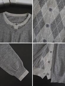 2-In-1 Argyle Knit Cardigan, Patchwork Diamond Pattern Round Neck Cropped Slim Fit Long Sleeve Knit Jacket - Gray - View 9