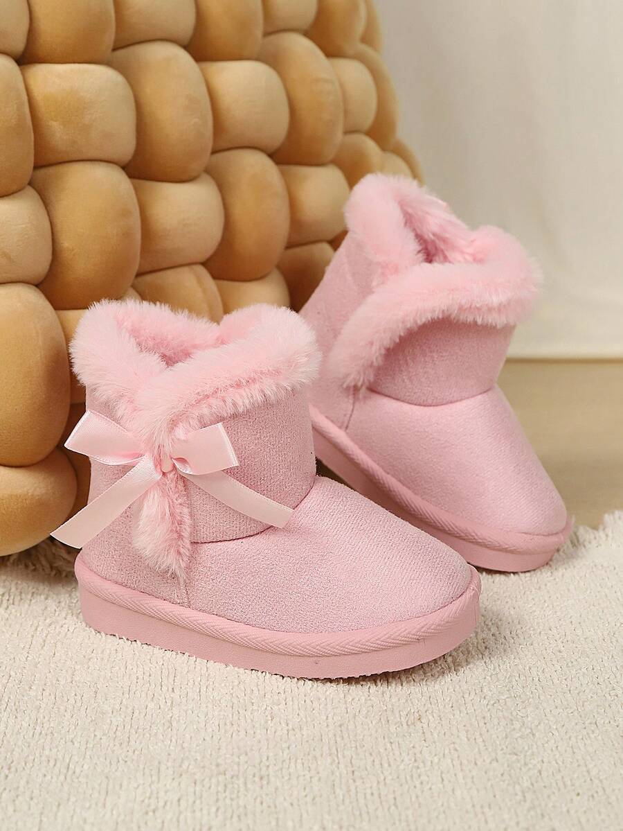 1 Pasang Sepatu Bot Salju Musim Dingin Tebal Anak-Anak dengan Hiasan Pita, Sepatu Bot Anak-Anak Minimalis Modis untuk Pelajar - Berwarna merah muda - View 1