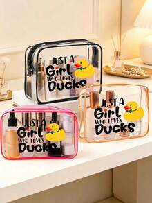 Cute Duck Pattern Waterproof PVC Makeup Bag, Printed With "Just A Girl Who Loves Ducks" Design, Yellow And White Duck Pattern, Lightweight And Sun-Resistant, Suitable For Women And Men, Summer Essential Toiletry Bag, Travel Toiletry Bag, Large Capacity Packing Bag, Suitable For Vacation And Travel, Perfect Gift For Duck Lovers - Multicolor - View 4