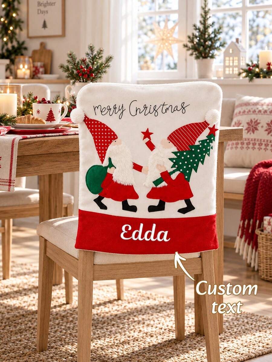 1PC Christmas Gnome Custom Embroidered Chair Slipcover, Personalized Decor Chair Cover With Custom Text Feature And Gnome Applique Detail, Home Ornament For Christmas, Nice Holiday Gift For Relatives