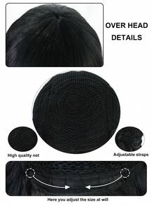 Unisex Black Medium Straight Wig With Full Flat Bangs, Synthetic Hair Costume Wig, Medieval Noble Cosplay Wig For Halloween Carnival Fancy Dress & Themed Event - Multicolor - View 8