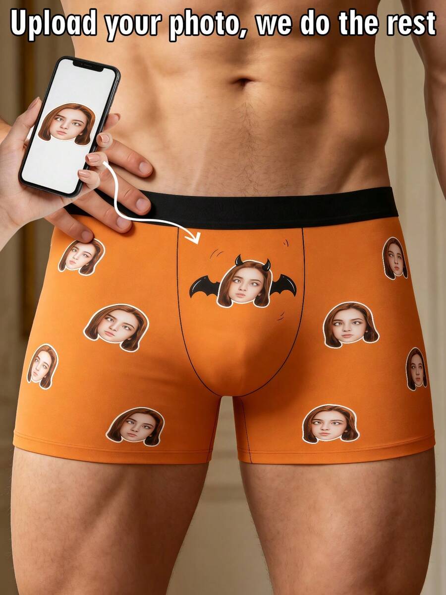 Men's Custom Female Face Bat Horn Pattern & "Licked" Text Print Orange Polyester Boxer Briefs, Halloween Humorous Romantic Couple Gift & Daily Intimate Wear - Multicolor - View 1