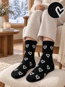 5 Pairs Unisex Heart Couple Fuzzy Crew Floor Socks, Vintage Star Jacquard Faux Mink Fur Warm Knit Socks, Stretch Rib Cuff Cozy Thermal Home Sleeping - Multicolor - View 5