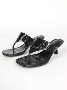 Women Elegant Black Animal Embossed Thong Square Toe Mules, Kitten Heel Slip-On Night Out Sandals - Black - View 9