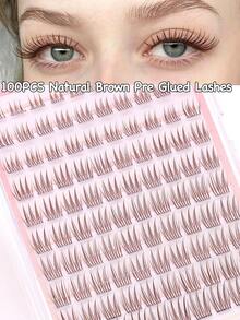 FindLove 100Clusters Natural Brown Lashes With Adhesive DIY Pre Glued Lash Extensions C Curl 8-16mm Press-On Eyelash Idol Wispy Lash Reusable Individual Eyelashes Natural Soft Lightweight Mix Style Lash Clusters For Self Use At Home Or Travel Makeup Tools - C - View 1