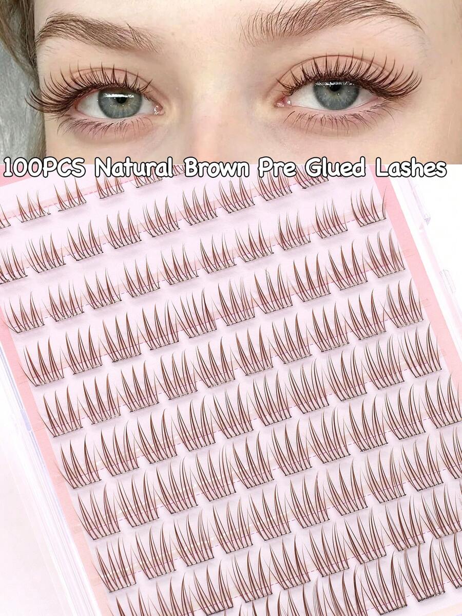 FindLove 100Clusters Natural Brown Lashes With Adhesive DIY Pre Glued Lash Extensions C Curl 8-16mm Press-On Eyelash Idol Wispy Lash Reusable Individual Eyelashes Natural Soft Lightweight Mix Style Lash Clusters For Self Use At Home Or Travel Makeup Tools - C - View 1