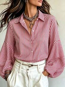 Women's Red And White Striped Front Button Shirt, Bishop Sleeve Long Sleeve Fashion Top, Suitable For All Seasons - Red - View 1