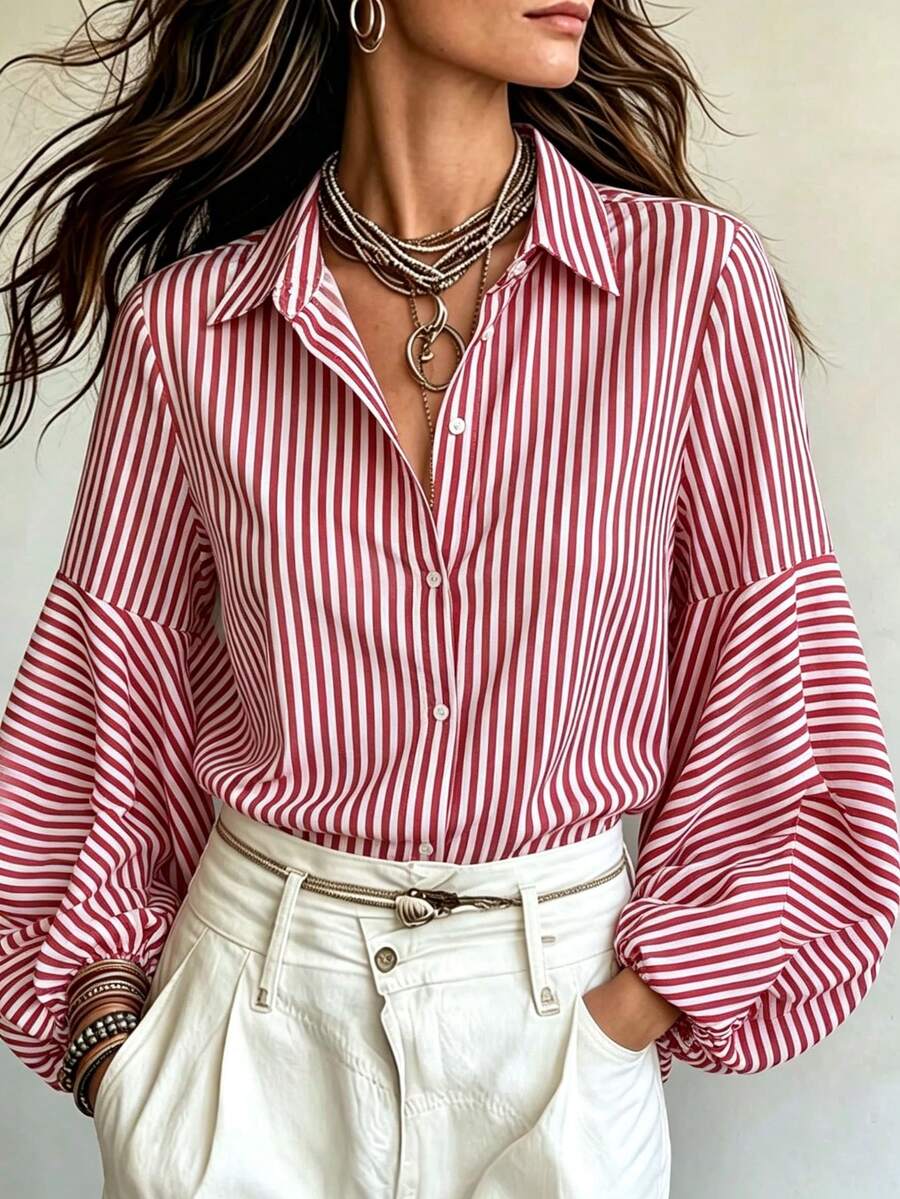 Women's Red And White Striped Front Button Shirt, Bishop Sleeve Long Sleeve Fashion Top, Suitable For All Seasons - Red - View 1