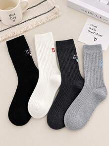 4 Pairs Unisex Ribbed Mid-Calf Socks, "Be Cool Be Kind" Slogan Print, Soft Breathable Knitted Ribbed Slouch Socks, Heart Letter Cotton High Elasticity Socks, Daily Street Aesthetic Socks Multi-Pack - Multicolor - View 4