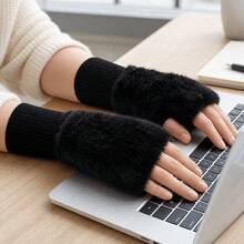 Women's Soft Plush Fingerless Gloves, Faux Mink Fur Winter Arm Warmers, Ribbed Cuffs - Multicolor - View 3