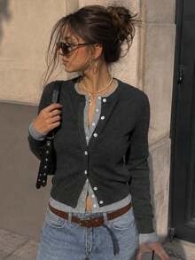 Women Vintage Gray 2 In 1 Knit Cardigan, Long Sleeve Crew Neck Front Button Sweater, Casual Fall Winter Fashion Top, Preppy Back To School Outfit - Grey - View 3